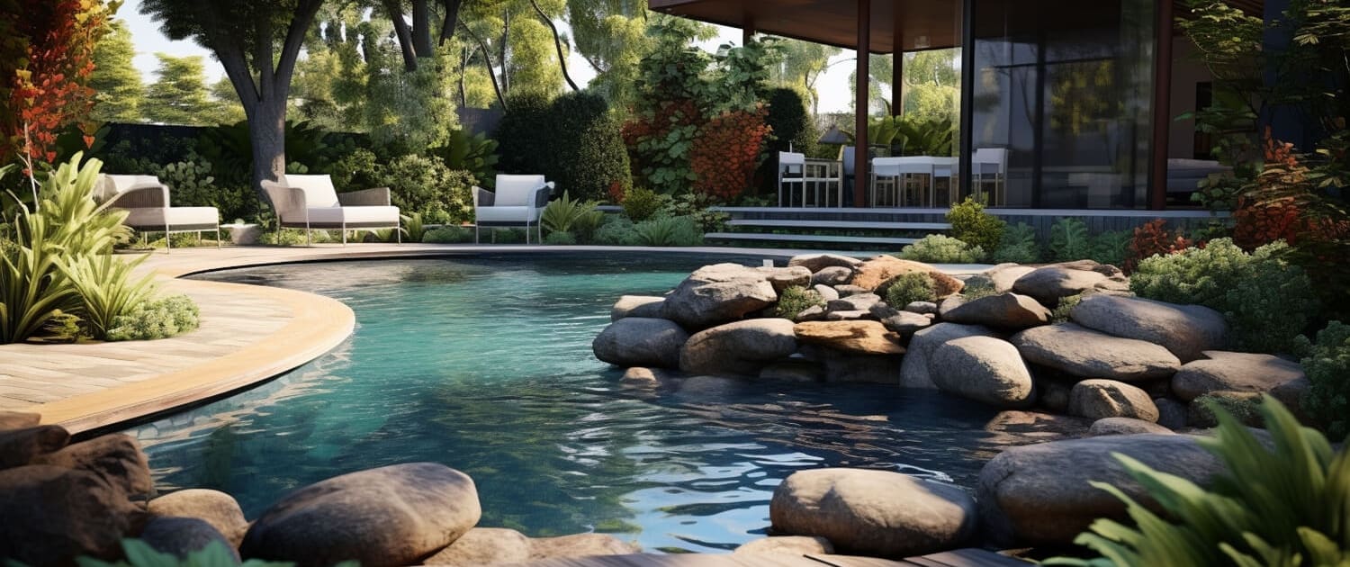 A modern backyard, crafted by Pool Builders Brisbane, features a serene swimming pool bordered by smooth boulders and lush greenery. The pool area includes comfortable lounge seating under a contemporary wooden patio connected to a sleek house with large glass windows.