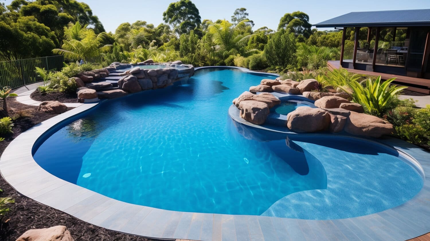 A large, irregularly shaped swimming pool with clear blue water, crafted by Pool Builders Brisbane, is surrounded by rocks and lush greenery. The pool features a rock waterfall and a curved wooden deck area to the right, adjacent to a covered patio. Trees and shrubs create a serene, tropical ambiance.