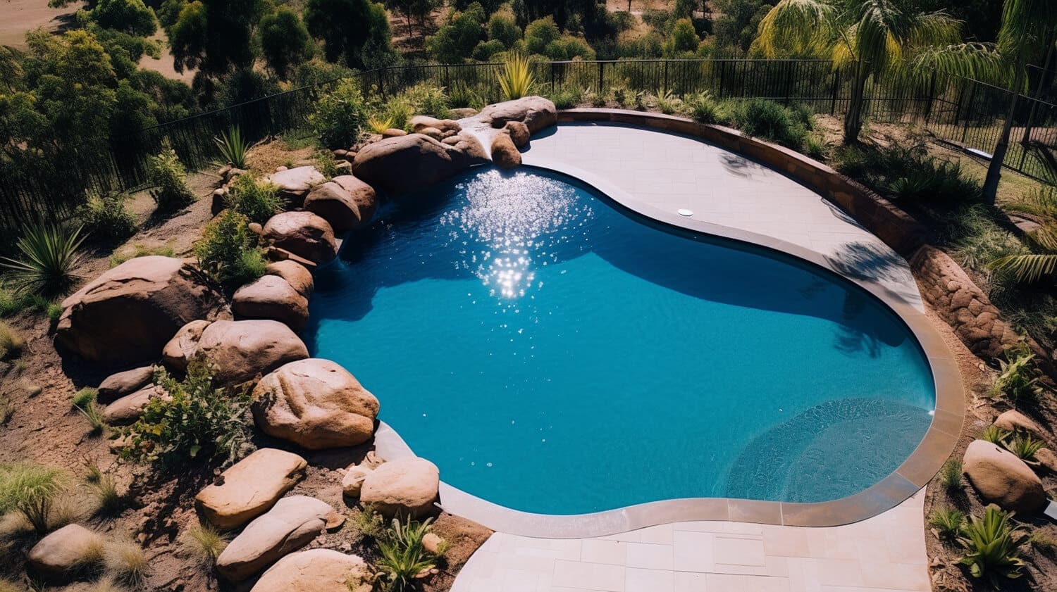 Aerial view of a serene swimming pool surrounded by smooth boulders and lush greenery, crafted expertly by Pool Builders Brisbane. The pool has a gentle, curving design and shimmers under the sunlight. Trees and plants provide a natural backdrop.