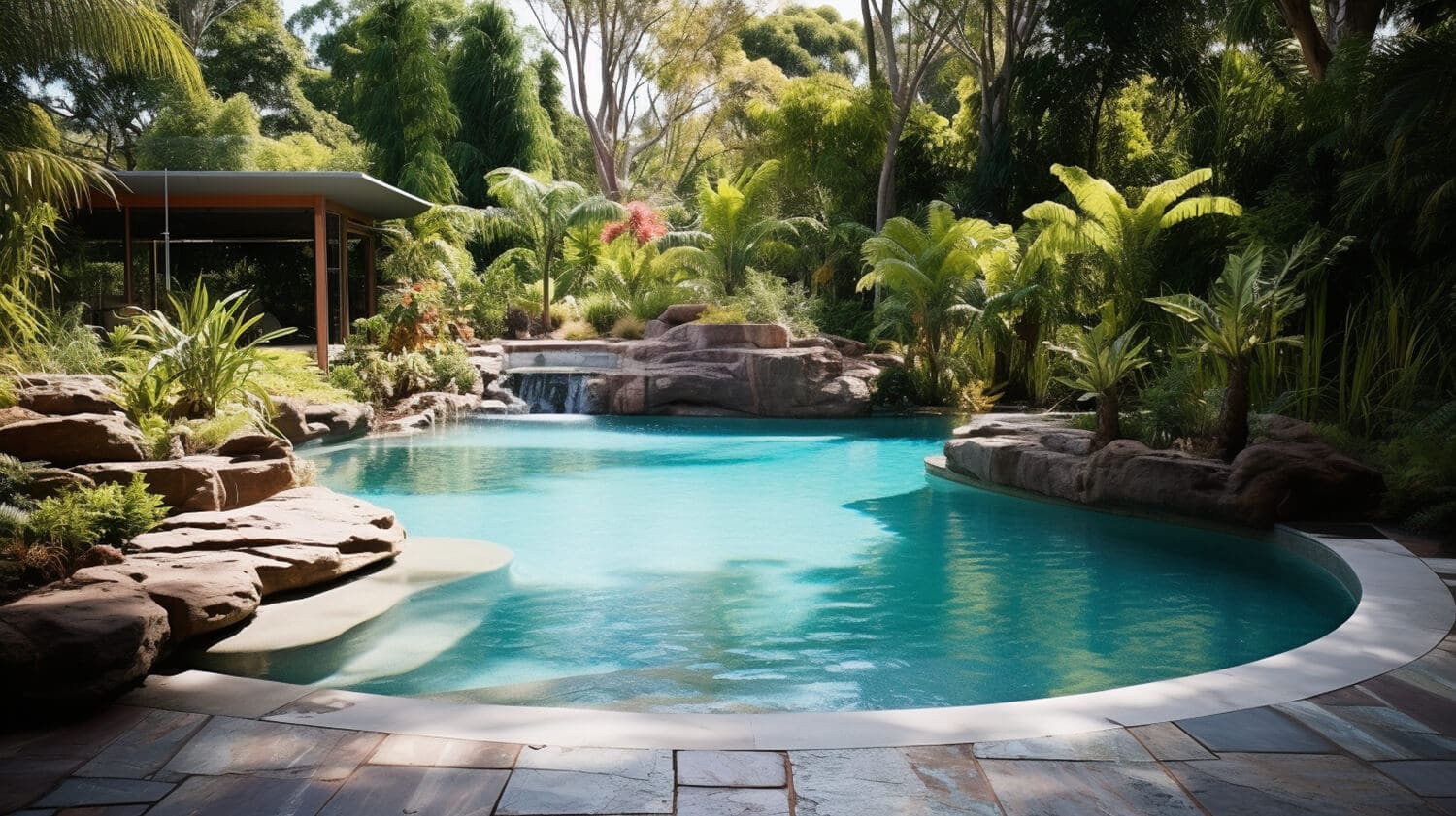 A serene backyard pool built by Pool Builders Brisbane features a curved design, surrounded by lush greenery and tall trees. There's a small waterfall cascading into the pool, a modern pool house in the background, and natural rock formations framing portions of the pool.