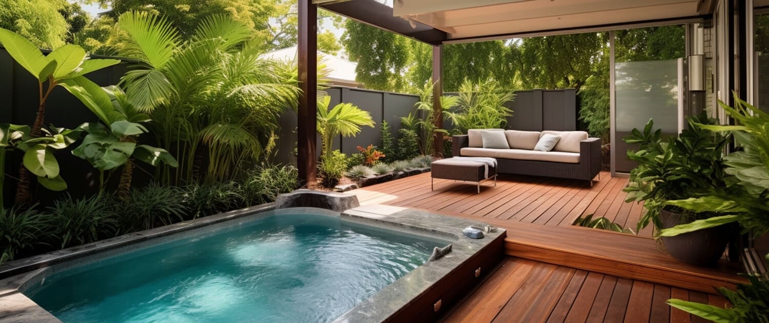 A modern outdoor patio features a small hot tub surrounded by lush green plants. The deck, crafted by expert pool builders in Brisbane, is made of rich wood and includes a comfortable sofa with cushions under a partially covered pergola. Sunlight filters through the trees, creating a serene atmosphere.