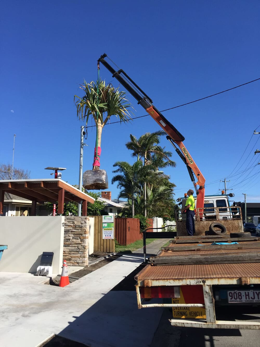 A crane lifts a large potted palm tree from a flatbed truck onto the ground near a house, with a worker in a yellow shirt guiding the process. The scene unfolds on a clear, sunny day, and nearby, Pool Builders Brisbane are hard at work as another palm tree stands tall in the background amidst houses lining the street.