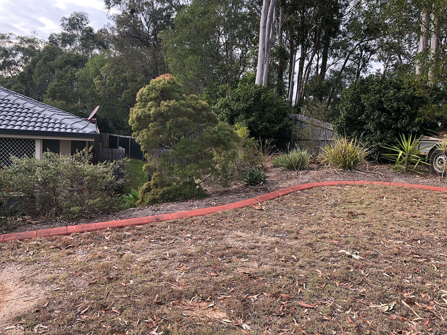 A landscaped yard with a sloped garden bed featuring a mix of bushes and small trees. The foreground shows a patch of dry grass and a curved red brick border. A house with a grey roof is partially visible on the left, with trees and shrubs in the background. Pool Builders Brisbane can transform such spaces beautifully.