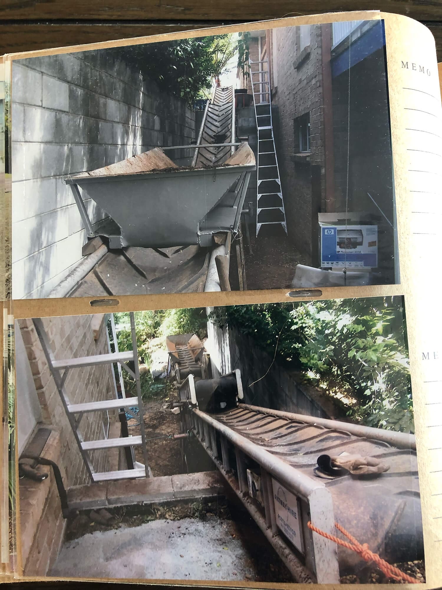 Two photos showing a narrow construction site with ladders and metal chutes. The first photo, from the bottom, features the chute extending upwards along a fenced alley. The second photo captures the view from above, with the chute leading downwards—a typical scene for Pool Builders Brisbane.